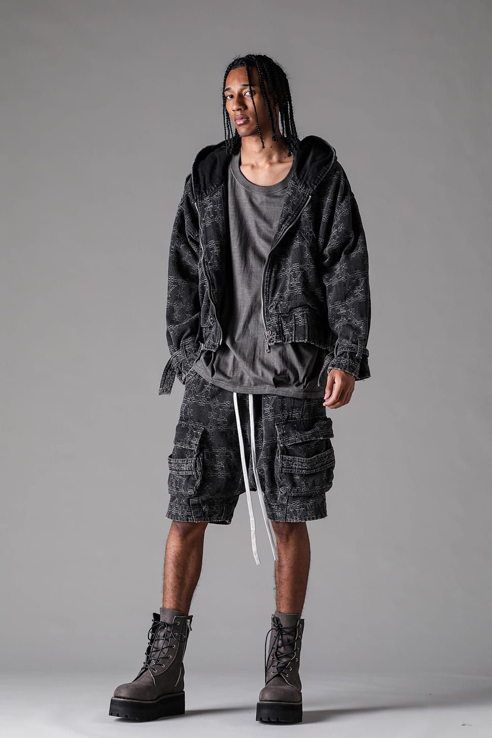 《2027SS先行予約》Jacgurd Denim Hoodie Blouson "Black / Blue" / ジャガードデニムフーディブルゾン"ブラック/ブルー"