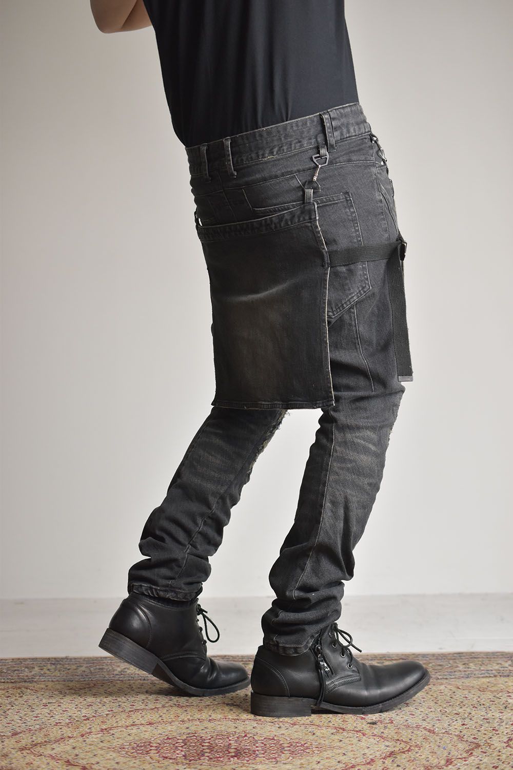 Bum Flap Damaged Denim Drop Crotch Slim Pants "Black"/バムフラップダメージドデニムドロップクロッチスリムパンツ"ブラック"