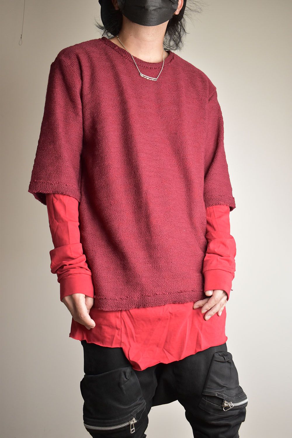 Low Gauge Knit and Cotton Jersey Layered T-Shirt "Red" / ローゲージニット×コットンジャージレイヤードTシャツ"レッド"