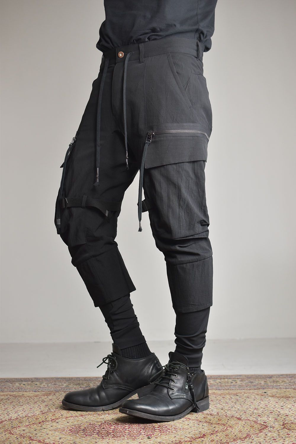 Salt-Shrunk Washed Border Striped Layered Cargo Pants"Black"/塩縮ワッシャードビーボーダーレイヤードカーゴパンツ"ブラック"