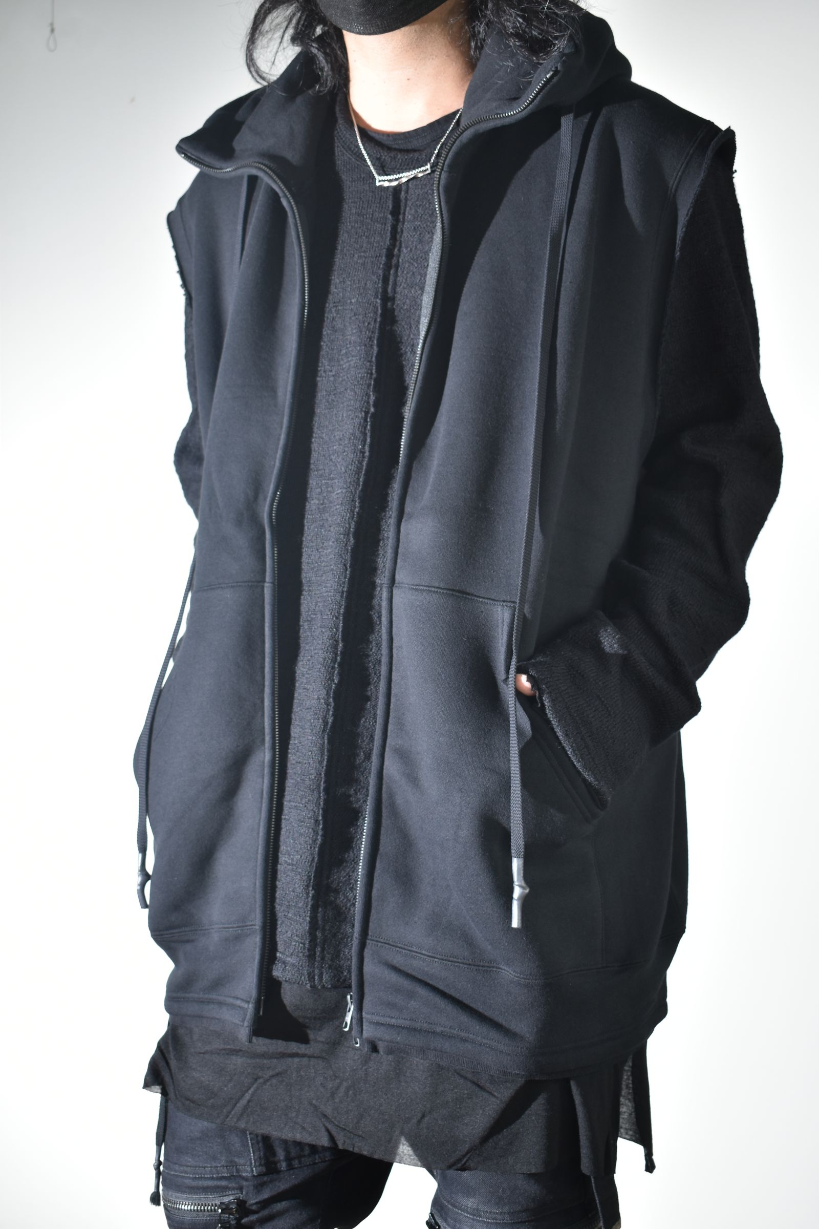 Over Size Sleeve Less Zip Up Parker"Black" / オーバーサイズスリーブレスジップアップパーカー"ブラック"