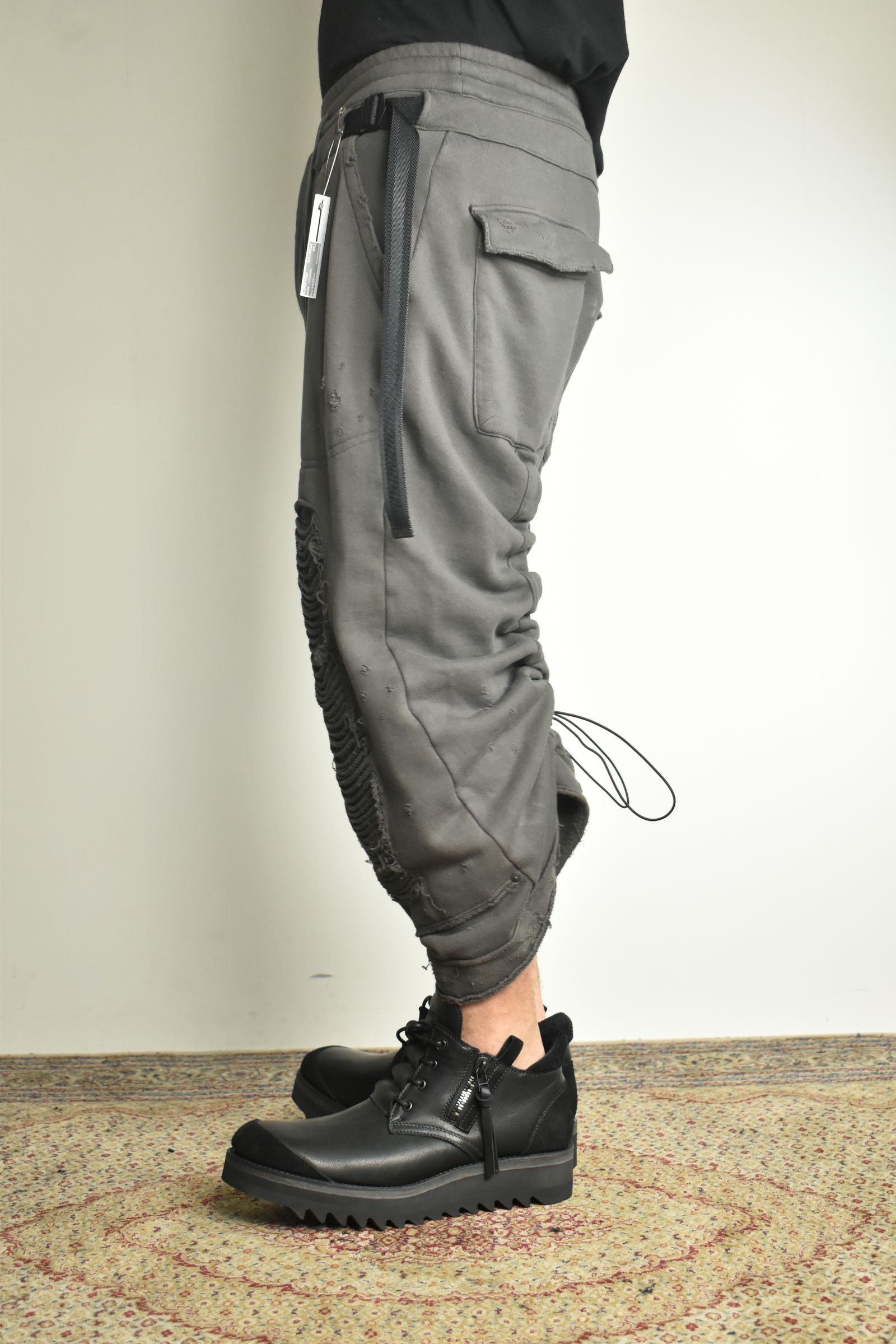 Untwisted Yarn Fleece Shotgun Wide Cropped Pants"Charcoal" / 無撚糸裏毛ショットガンワイドクロップドパンツ"チャコール"