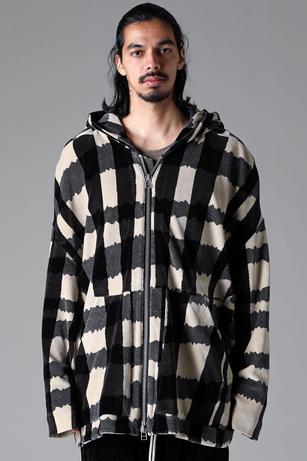 《2025AW先行予約》Checked Pattern Dolman Hooded Zip"Black×Grey×Ivory" / チェックパターンドルマンフーデッドジップ"ブラック×グレー×アイボリー"