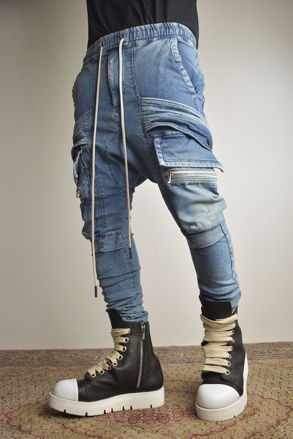Denim Cargo Sarouel Skinny"Damage Black/Indigo Blue"/デニムカーゴサルエルスキニー"ダメージブラック/インディゴブルー"