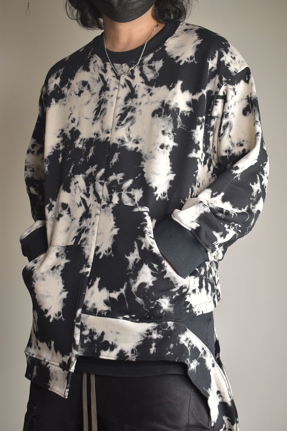 Discharge Pinting Asymmetry Crew Neck Top"Black×Ivory" /ディスチャージプリントアシンメトリークルーネックトップ"ブラック×アイボリー"