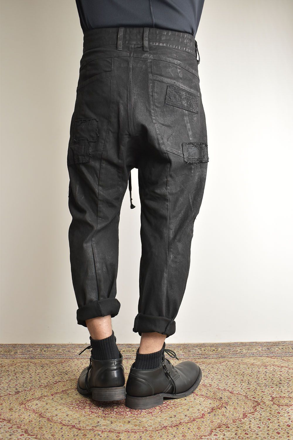 Product Coating Stretch Denim Damage Repair Cropped Pants “Black / 製品コーティングストレッチデニムダメージリペアクロップドパンツ"ブラック"