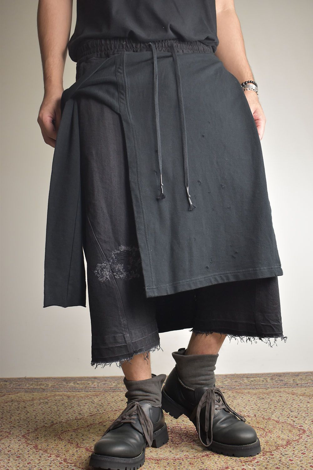 Stretch Denim Distressed Apron Wide Cropped Pants "Black" / ストレッチデニムダメージエプロンワイドクロップドパンツ"ブラック"