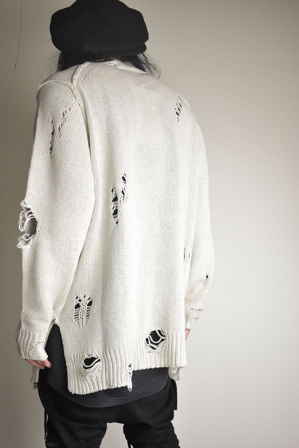 Cotton 3GG Damaged Knit Pullover"Light Grey" / コットン 3GG ダメージニットプルオーバー"ライトグレー"