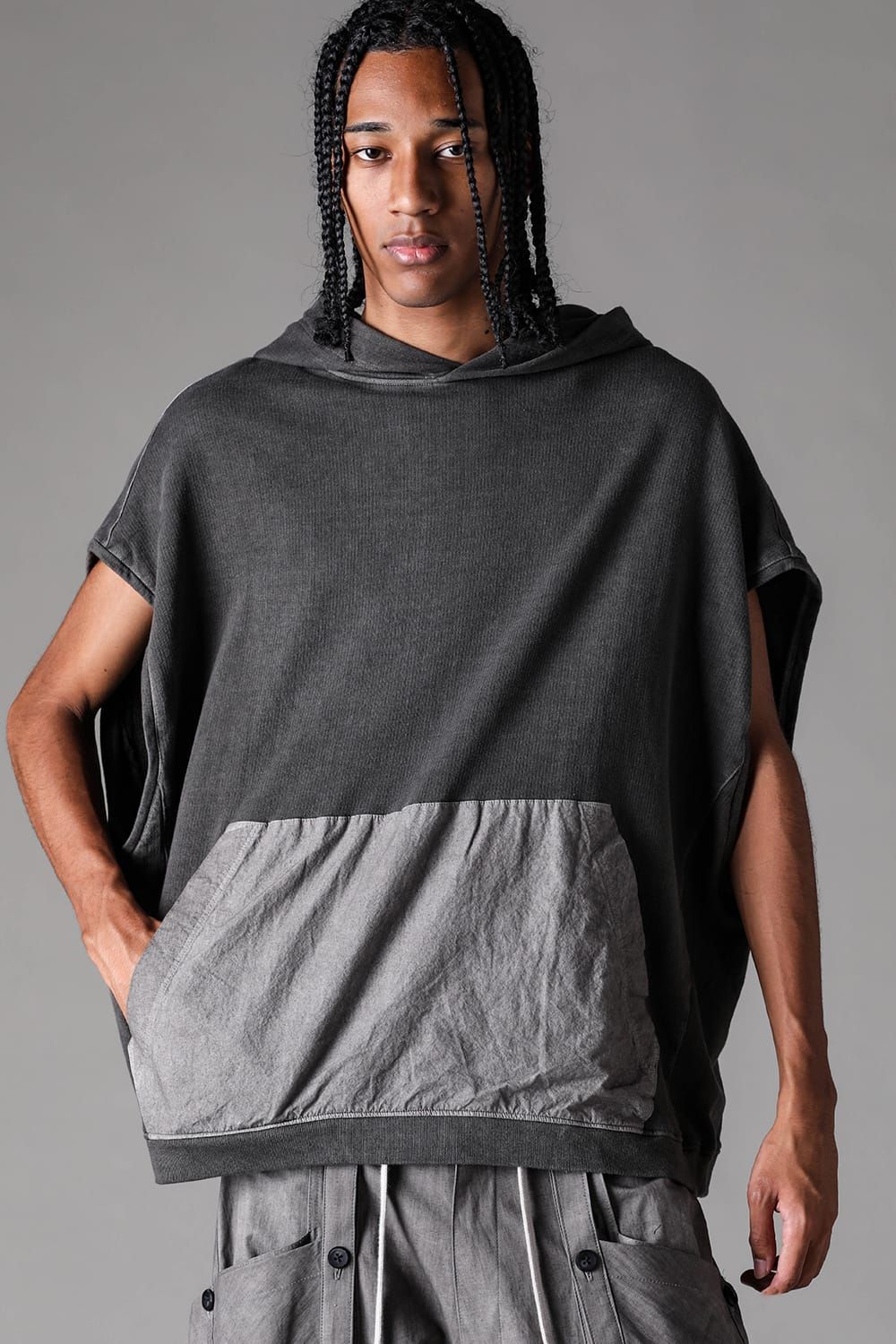 《2027SS先行予約》Sumi Dyed Lightweight French Terry Sleeve Less Hoodie "L.Grey  / D.Grey" / 墨染ミニ裏毛スリーブレスフーディ"ライトグレー / ダークグレー"