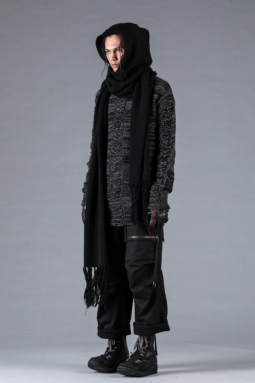 Merino Wool Knit Hooded Long Scarf “Black" / メリノウールニットフードロングマフラー"ブラック"