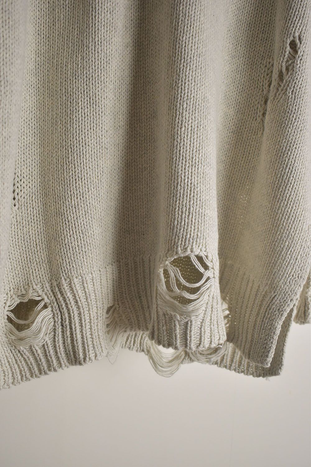 Cotton 3GG Damaged Knit Pullover"Light Grey" / コットン 3GG ダメージニットプルオーバー"ライトグレー"