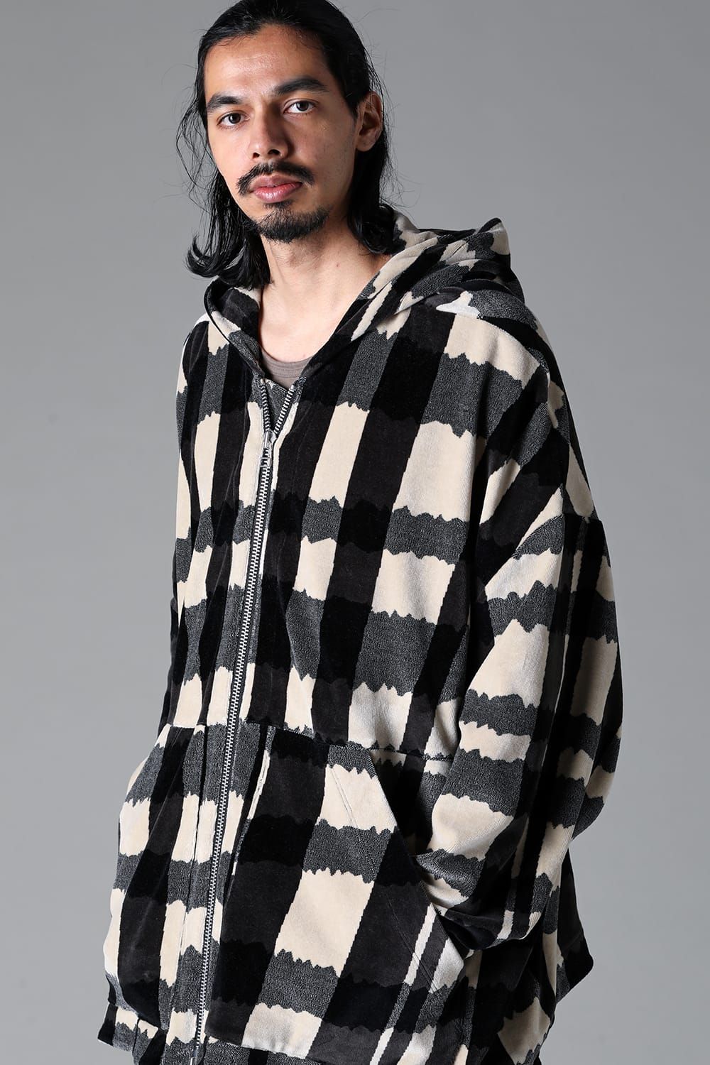 《2025AW先行予約》Checked Pattern Dolman Hooded Zip"Black×Grey×Ivory" / チェックパターンドルマンフーデッドジップ"ブラック×グレー×アイボリー"