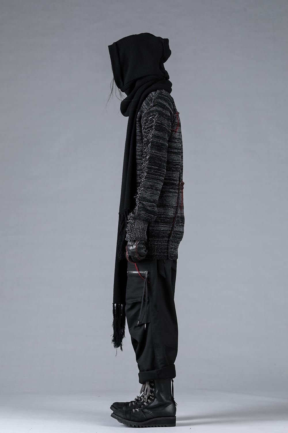 Merino Wool Knit Hooded Long Scarf “Black" / メリノウールニットフードロングマフラー"ブラック"