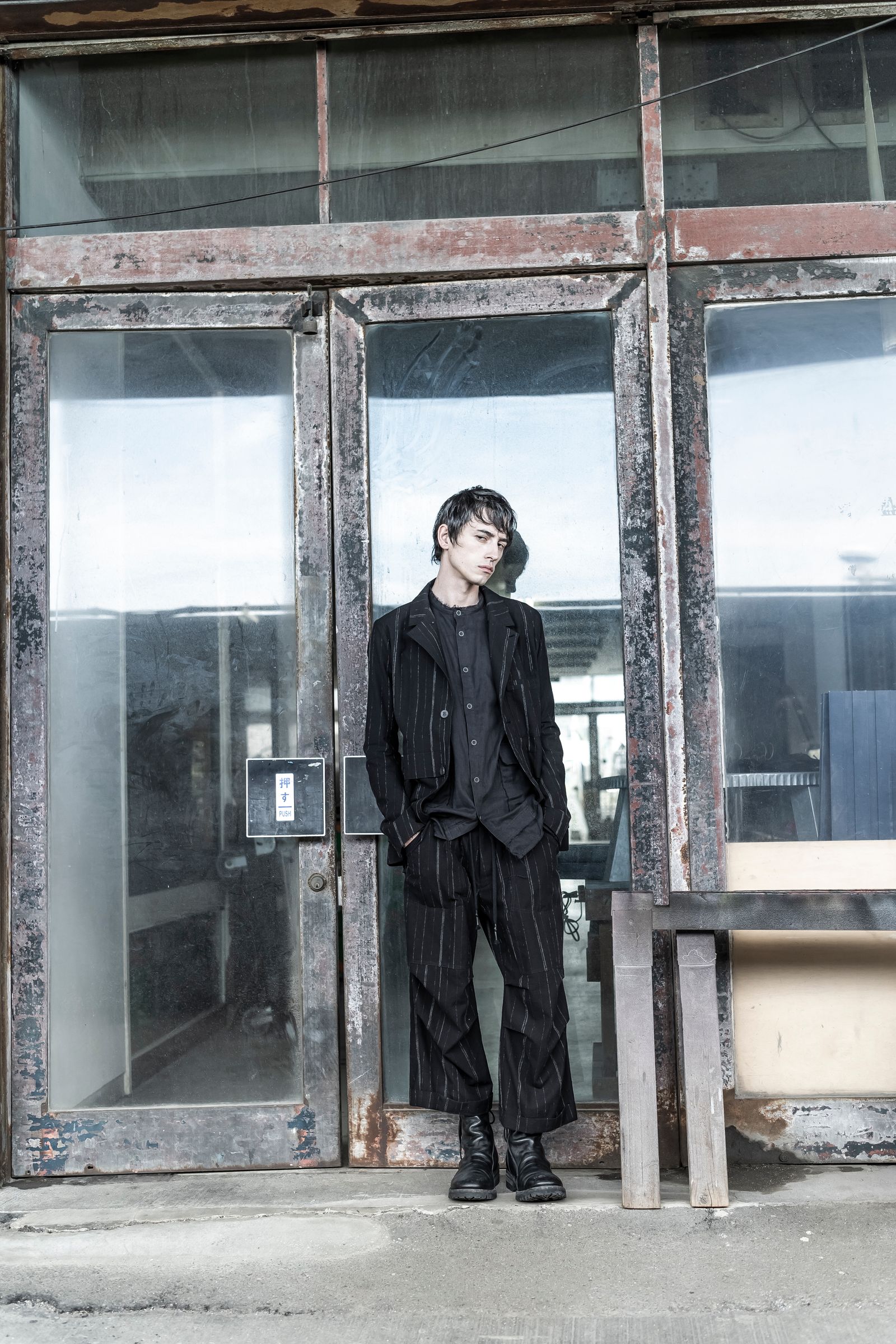 Faded Random Stripe Wide Cropped Pants"Black" / フェードランダムストライプワイドクロップドパンツ"ブラック"