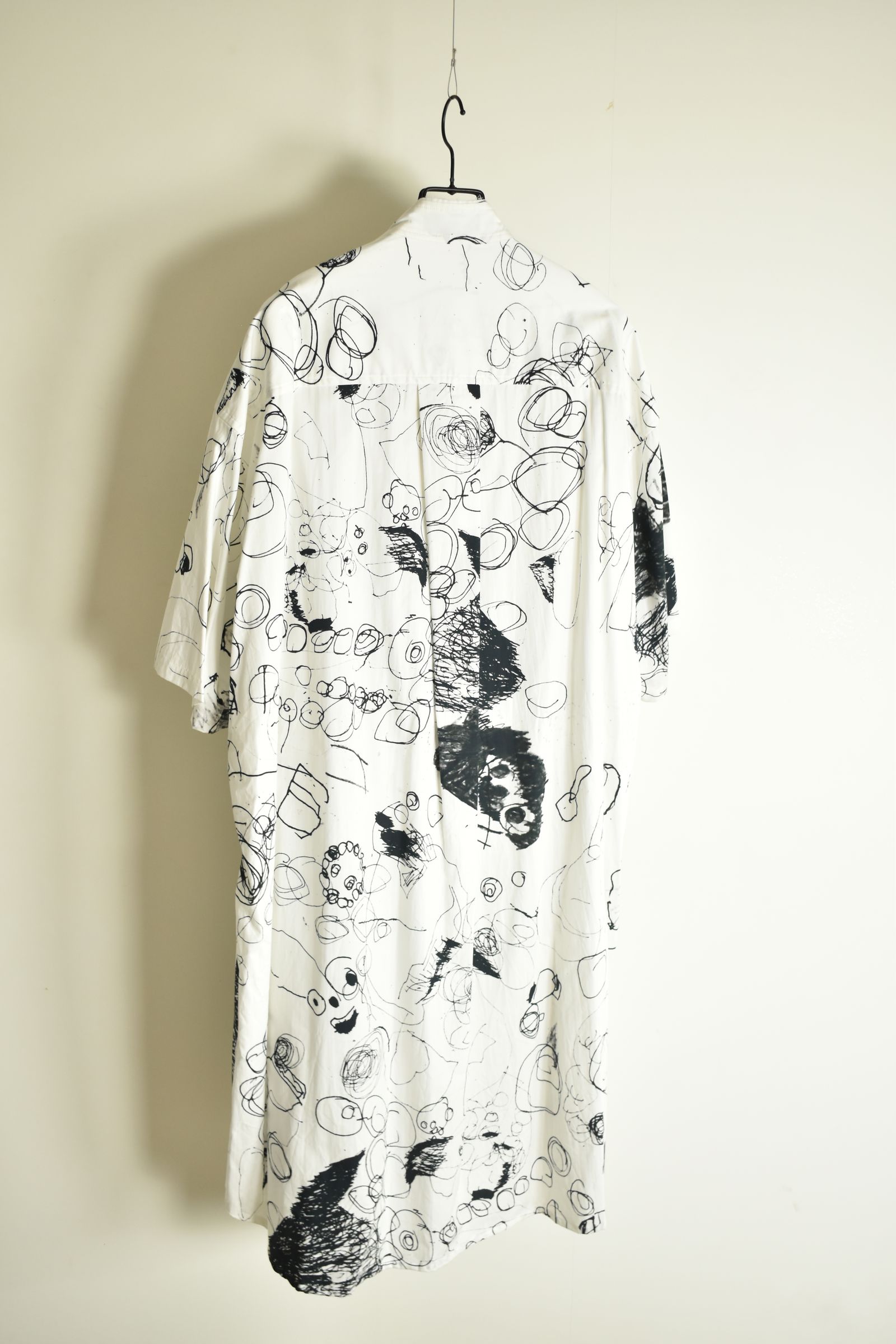Cotton Twill Ink Jet Short-Sleeved Big Shirt&Dress"White Black" / コットンツイルインクジェット半袖ビッグシャツ / ワンピース"ホワイト ブラック"