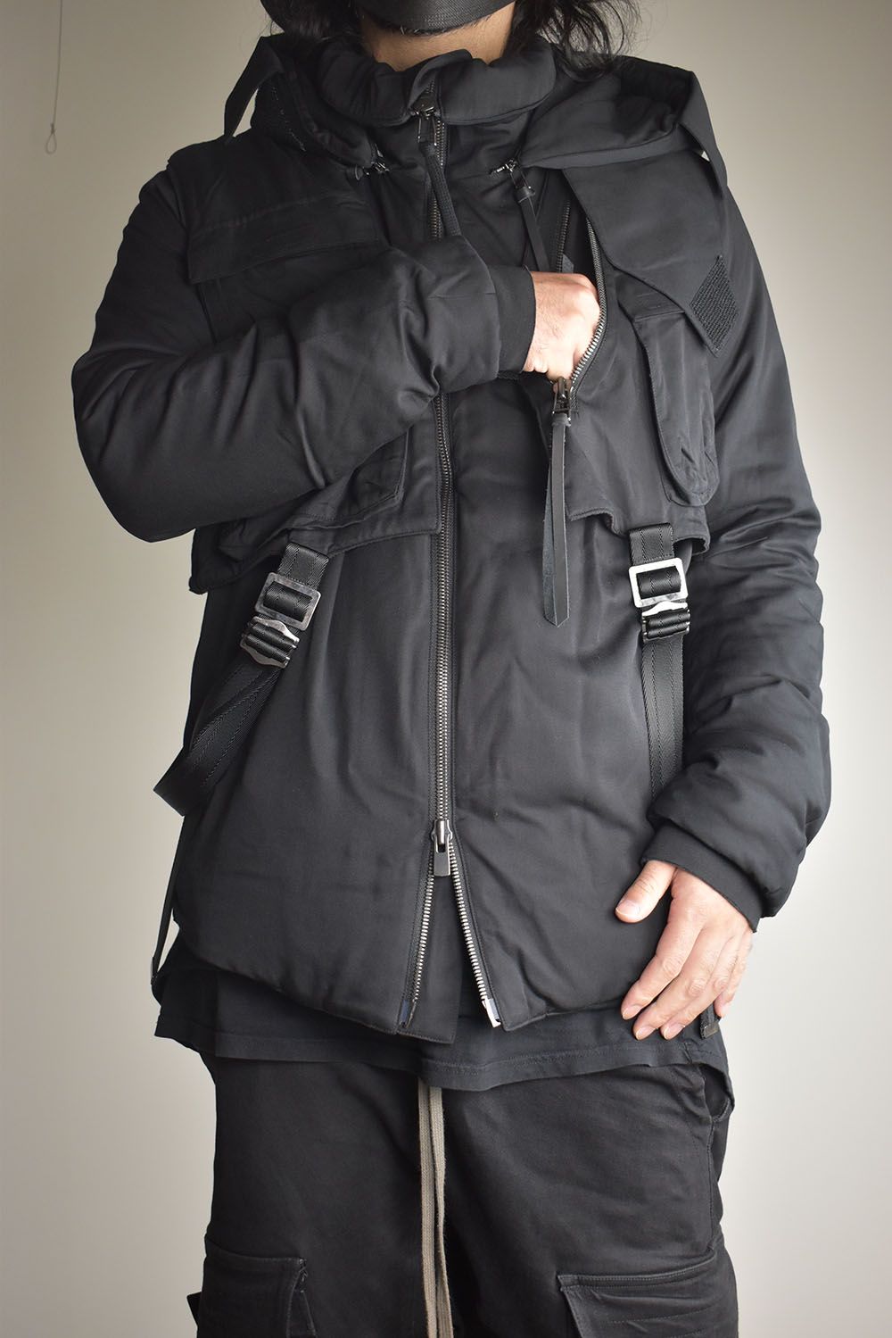 Rayon Twill Vest Hooded Down Jacket "Black" / レーヨンツイルベスト/フードアタッチドダウンジャケット"ブラック"