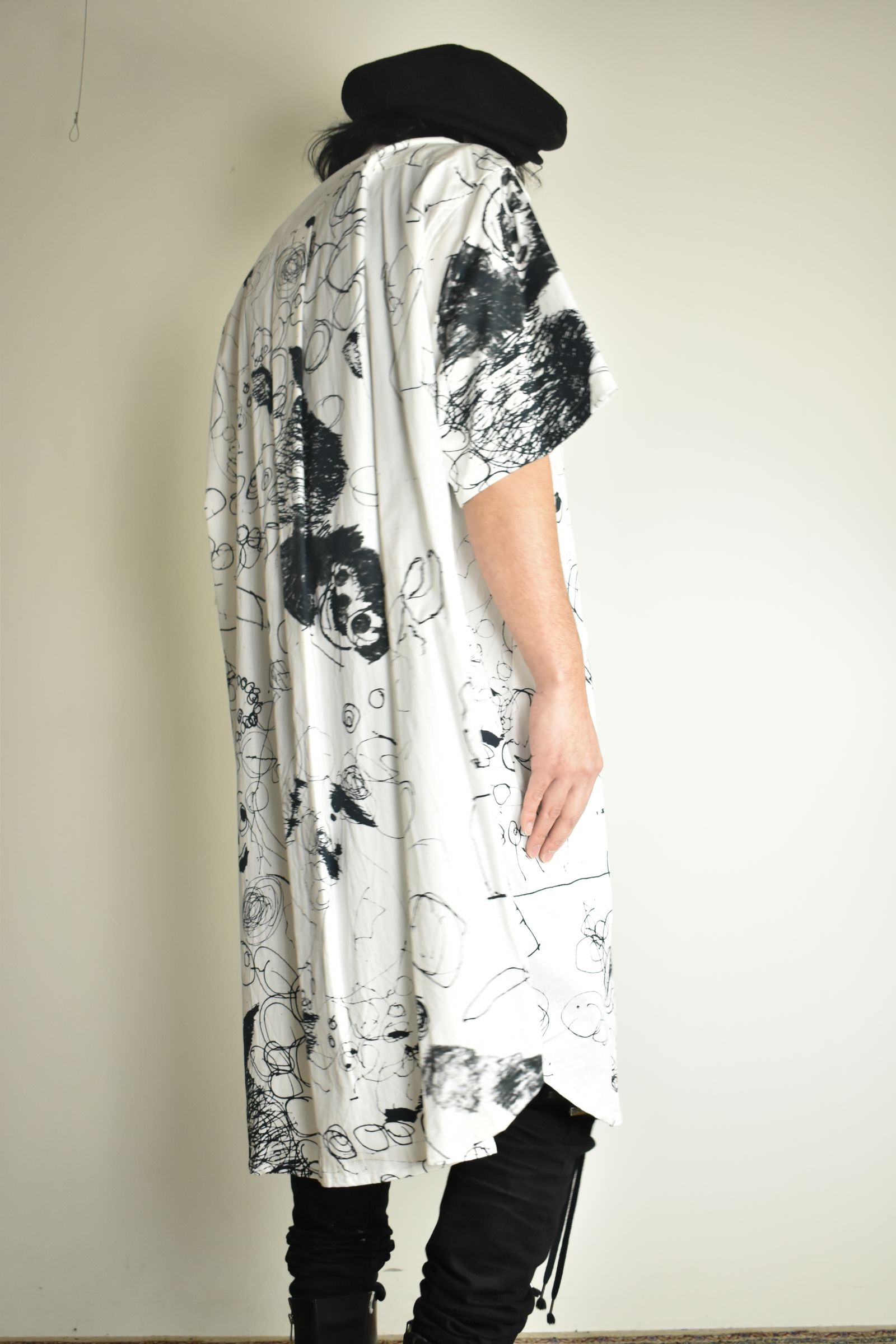 Cotton Twill Ink Jet Short-Sleeved Big Shirt&Dress"White Black" / コットンツイルインクジェット半袖ビッグシャツ / ワンピース"ホワイト ブラック"