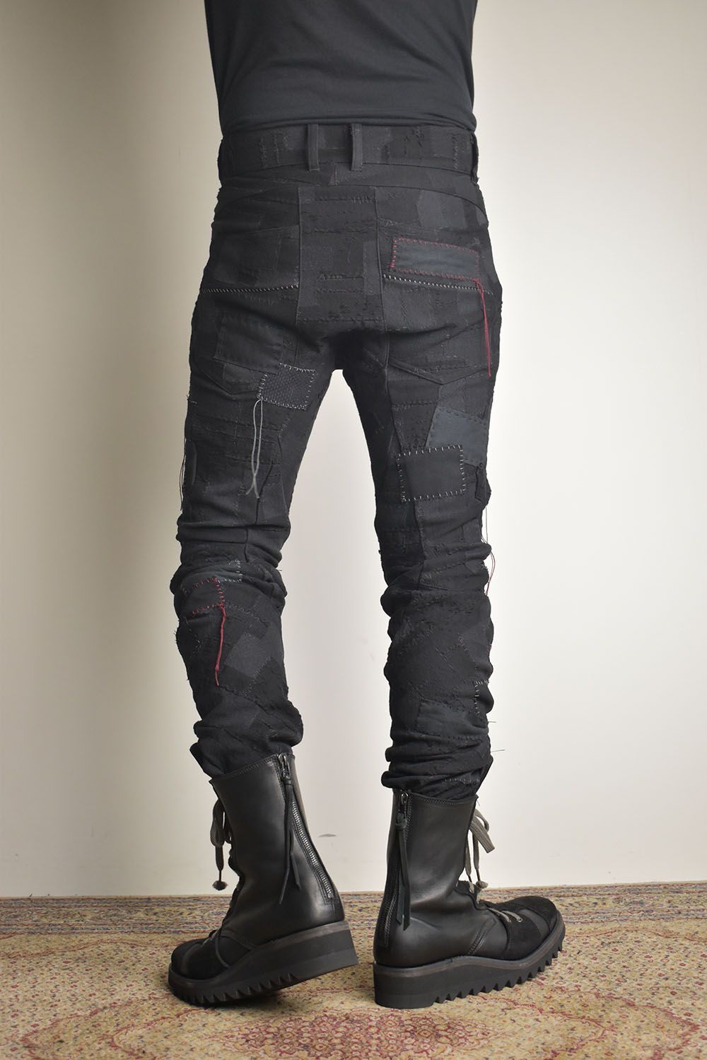 Hand Patchwork Crust Jacquard Overlock Twist Curve Pants "Black" / ハンドパッチワーククラストジャガードオーバーロックツイストカーブパンツ"ブラック"