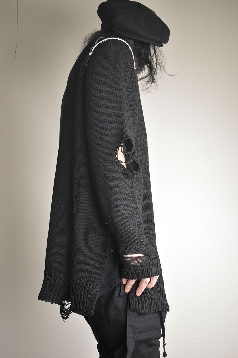 Cotton 3GG Damaged Knit Pullover"Black" / コットン 3GG ダメージニットプルオーバー"ブラック"