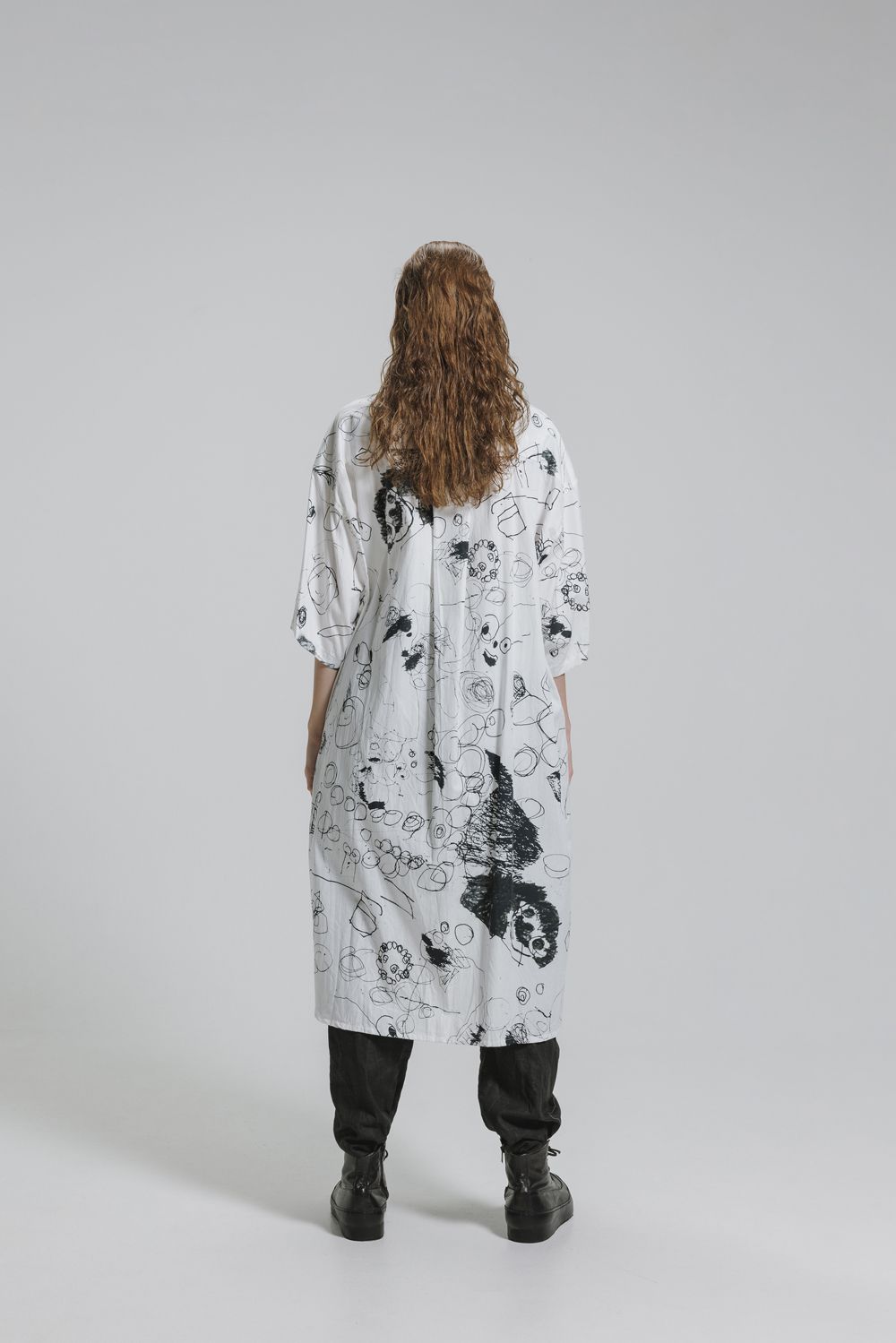 Cotton Twill Ink Jet Short-Sleeved Big Shirt&Dress"White Black" / コットンツイルインクジェット半袖ビッグシャツ / ワンピース"ホワイト ブラック"