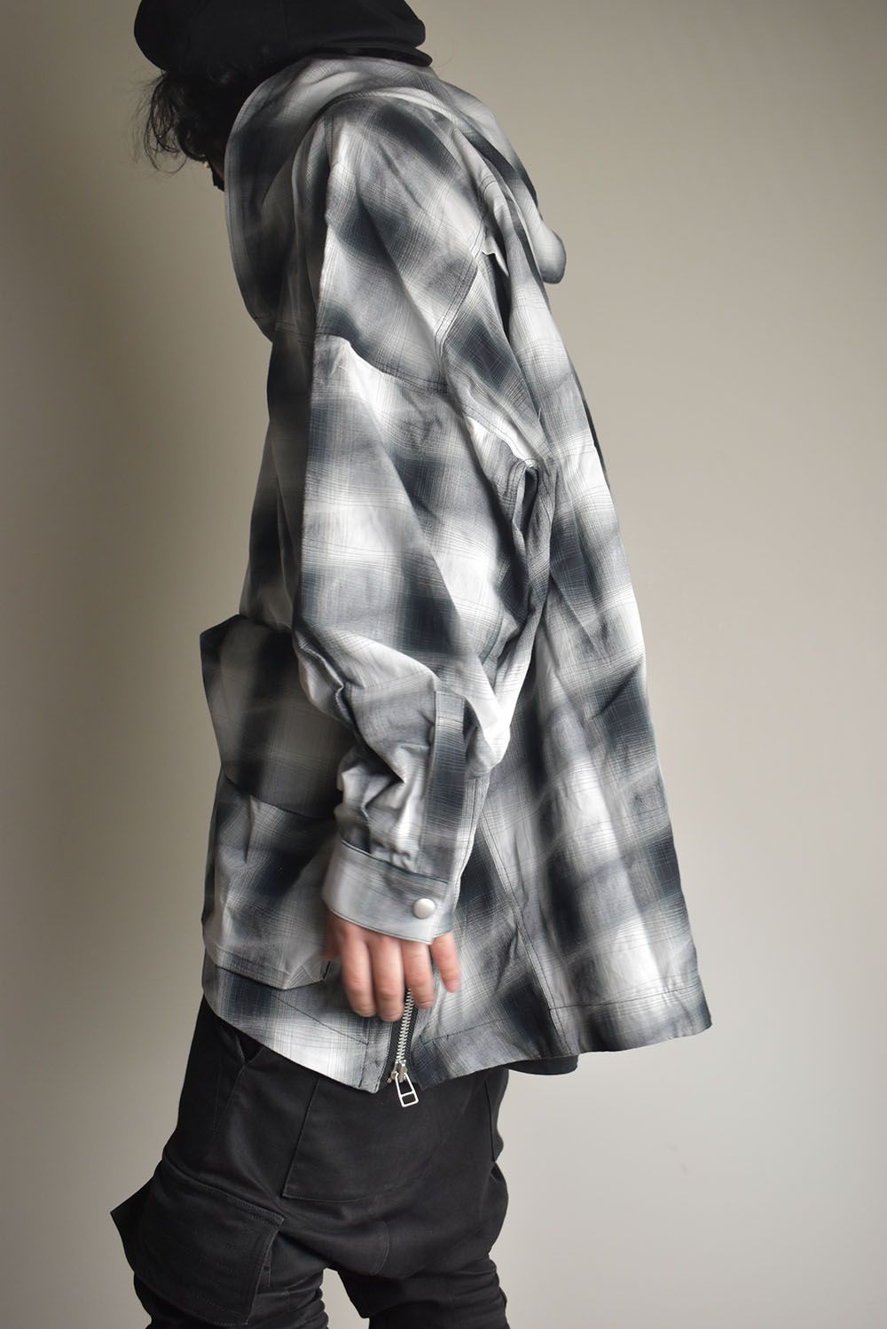 Yoroke Check Hoodie Shirts""BK×GY×WH"/ヨロケチェックフーディシャツ"ブラック×グレー×ホワイト"