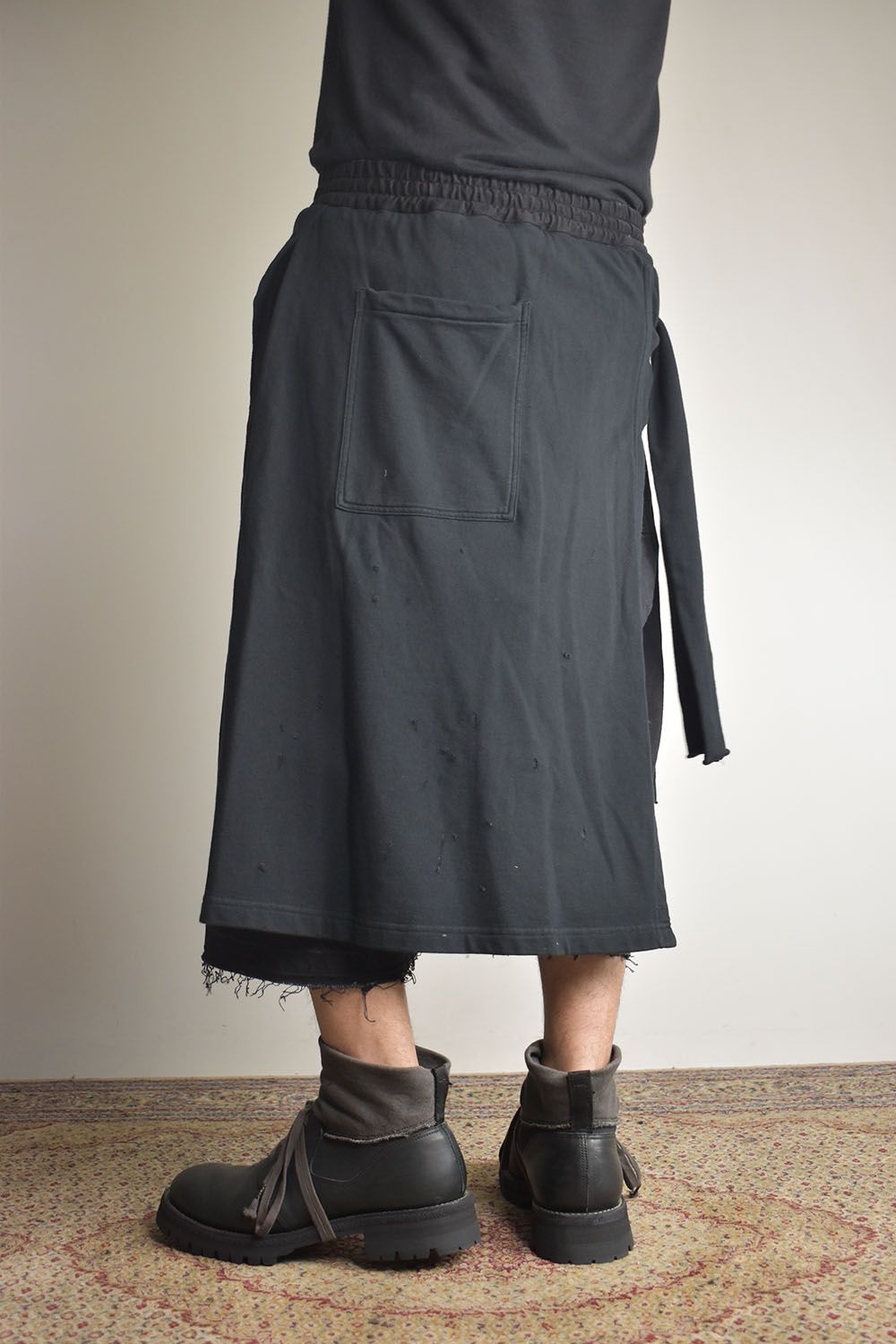 Stretch Denim Distressed Apron Wide Cropped Pants "Black" / ストレッチデニムダメージエプロンワイドクロップドパンツ"ブラック"