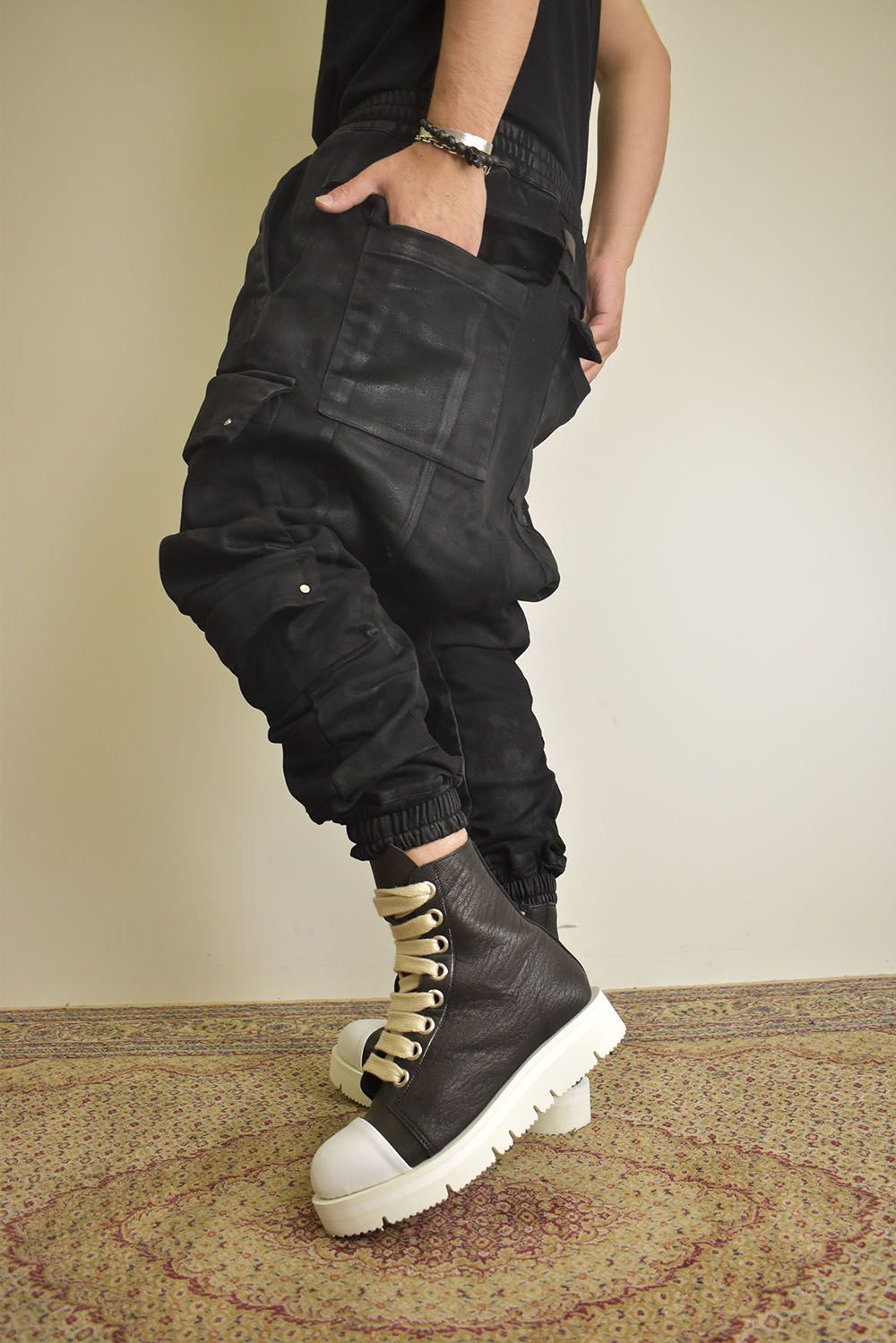 Coating Bonding Sarouel Cargo Jogger Denim"Black" / コーティングボンディングサルエルカーゴジョガーデニム"ブラック"