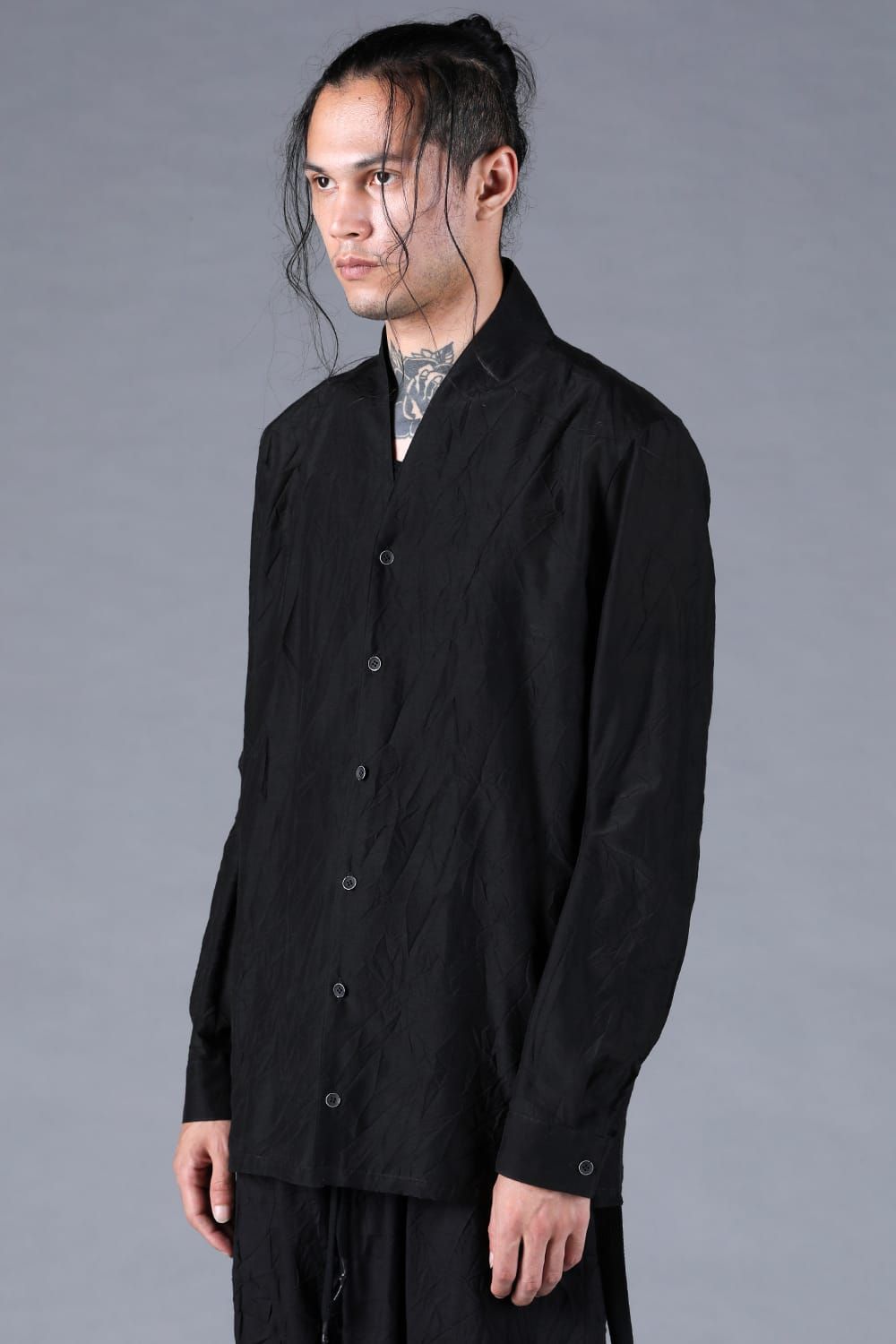 Silk Cotton Washer Shawl Collar Shirt"Black" / シルクコットンワッシャーショールカラーシャツ"ブラック"
