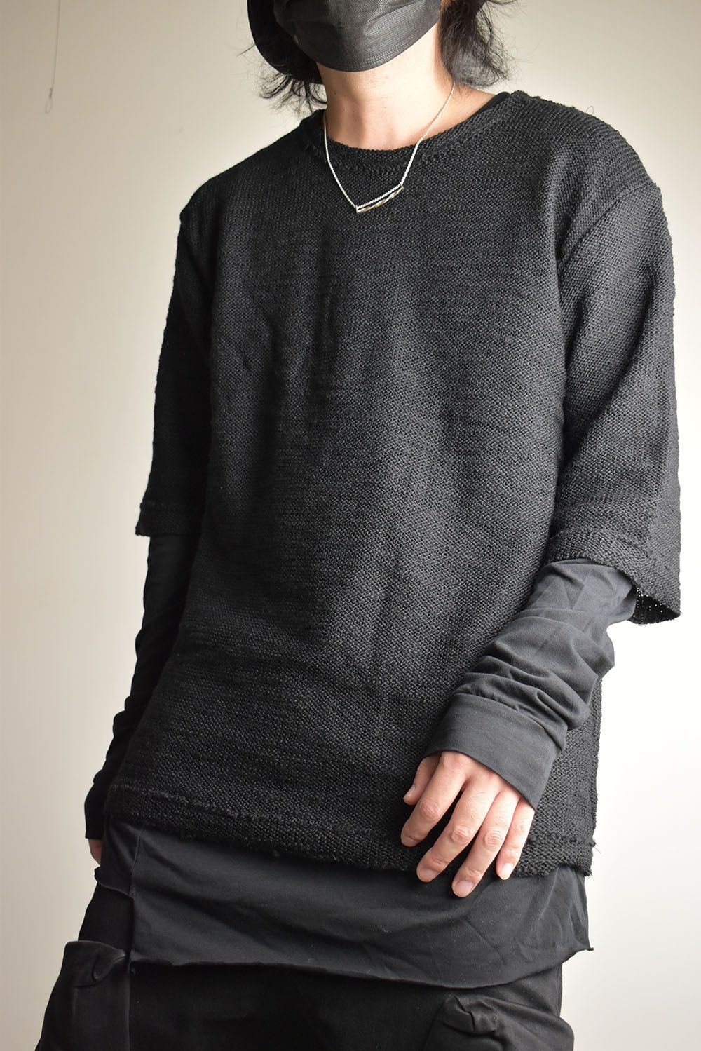 Low Gauge Knit and Cotton Jersey Layered T-Shirt "Black" / ローゲージニット×コットンジャージレイヤードTシャツ"ブラック"