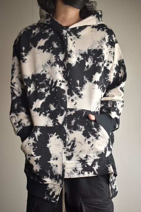 Discharge Pinting Asymmetry Hooded Top"Black×Ivory" /ディスチャージプリントアシンメトリーフーデッドトップ"ブラック×アイボリー"
