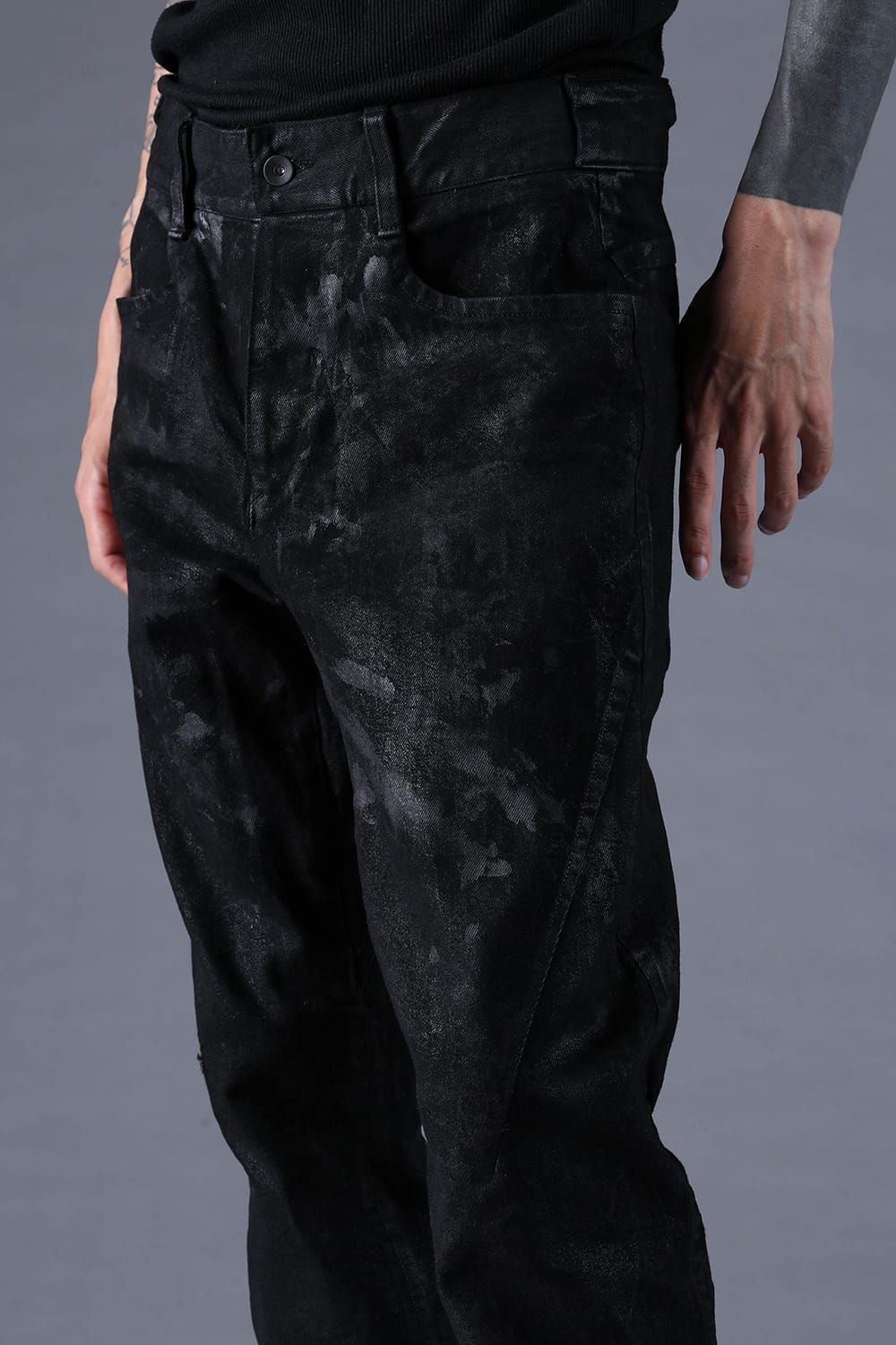 《2027SS先行予約分》Product Coated Stretch Denim Flared Slim Pants"Black" / 製品コーティングストレッチデニムフレアスリムパンツ"ブラック"
