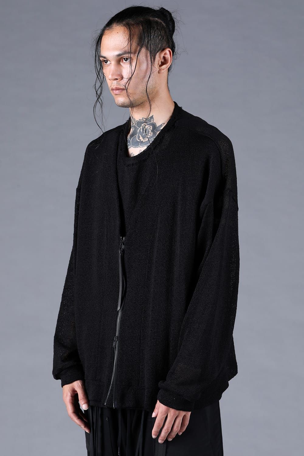 Cotton Low Gauge Knit Cardigan Layered Pullover"Black" / コットンローゲージニットカーディガンレイヤードプルオーバー"ブラック"