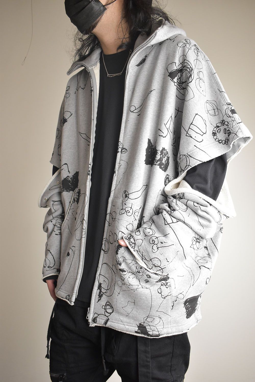 Sweat Oversize Print Zip Up Hoodie"Grey" / スウェットオーバーサイズプリントジップアップパーカ"グレー"