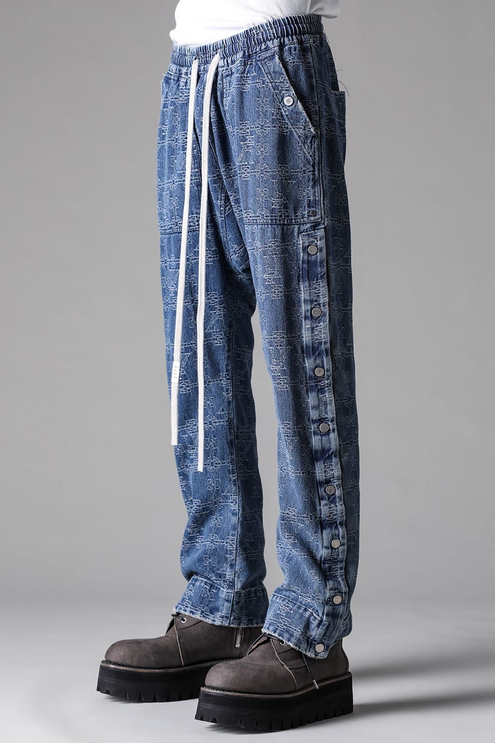 《2027SS先行予約》Jacgurd Denim Sarrouel Flare Pants "Black / Blue" / ジャガードデニムサルエルフレアパンツ"ブラック/ブルー"