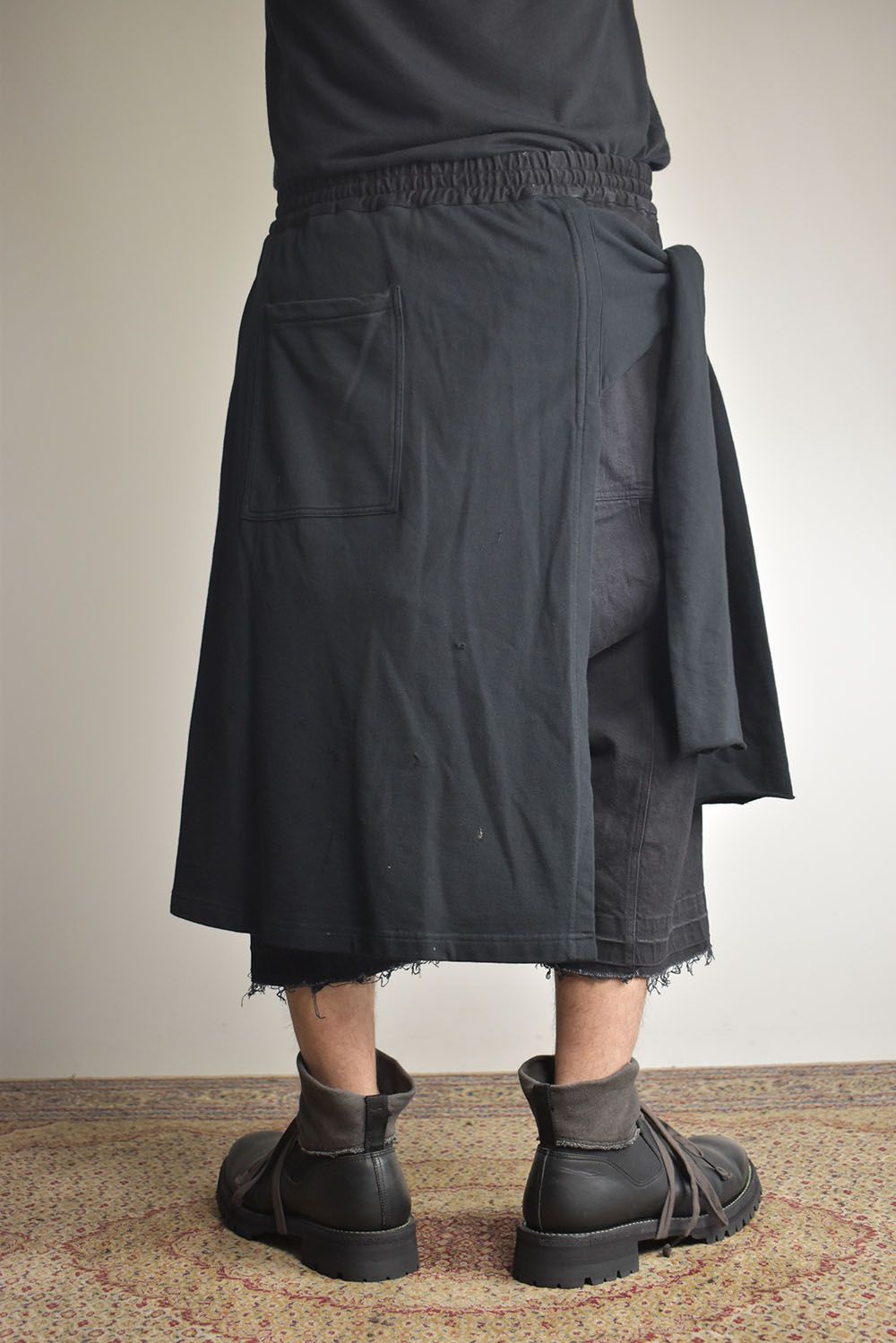 Stretch Denim Distressed Apron Wide Cropped Pants "Black" / ストレッチデニムダメージエプロンワイドクロップドパンツ"ブラック"