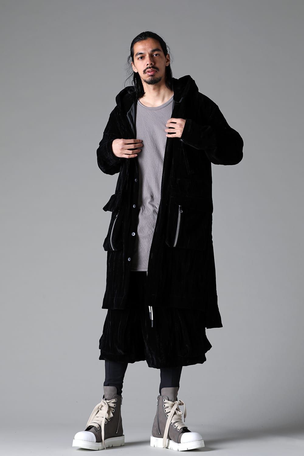 《2025AW先行予約》Washer Velour Hooded Long Jacket"Black" / ワッシャーベロアフーデッドロングジャケット"ブラック"