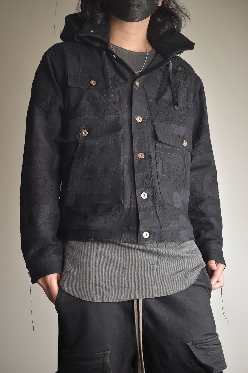 Crust Patchwork Jacquard Hood Attached Jacket "Black" / クラストパッチワークジャガードフードアタッチドジャケット"ブラック"