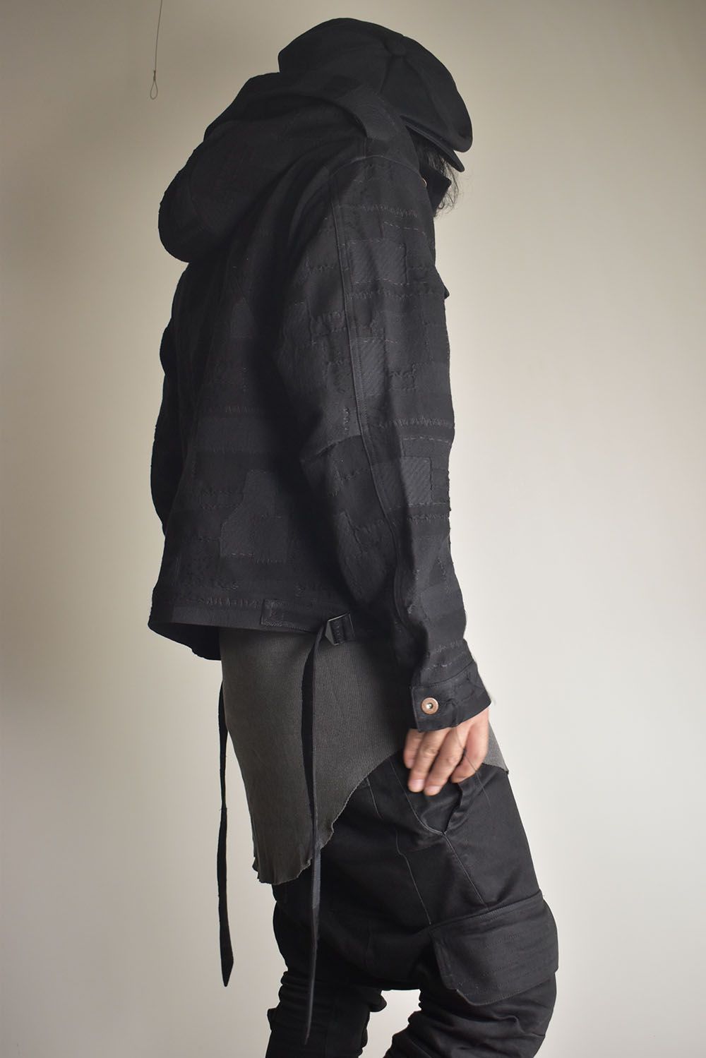 Crust Patchwork Jacquard Hood Attached Jacket "Black" / クラストパッチワークジャガードフードアタッチドジャケット"ブラック"