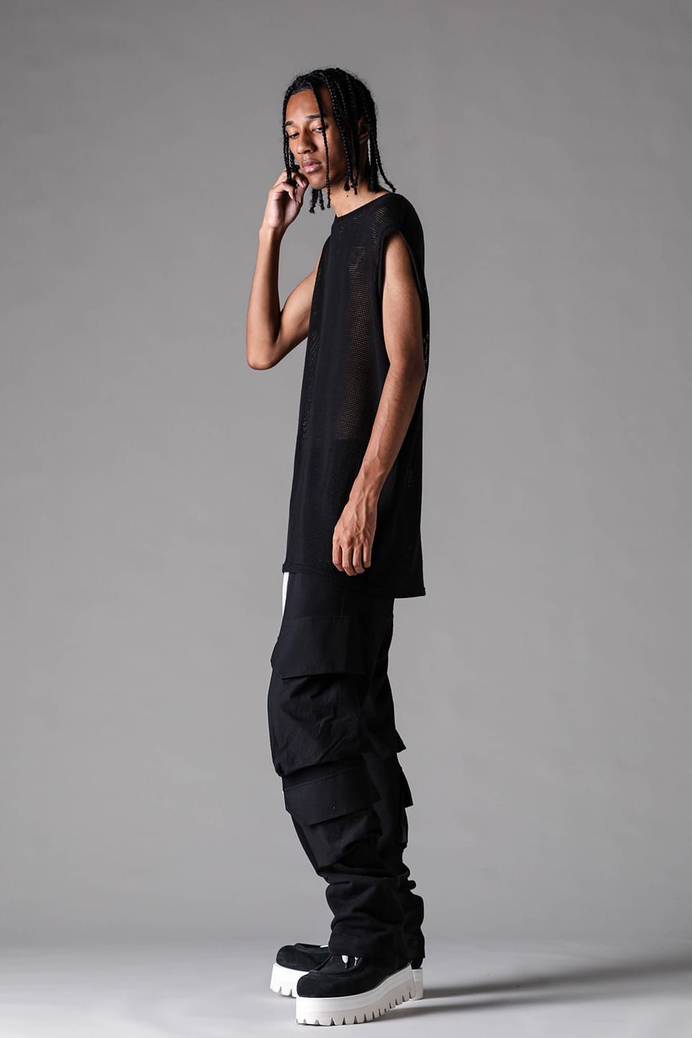 《2027SS先行予約》Lightweight French Terry Sarrouel Flare Cargo Pants"Black" / ミニ裏毛サルエルフレアカーゴパンツ"ブラック"
