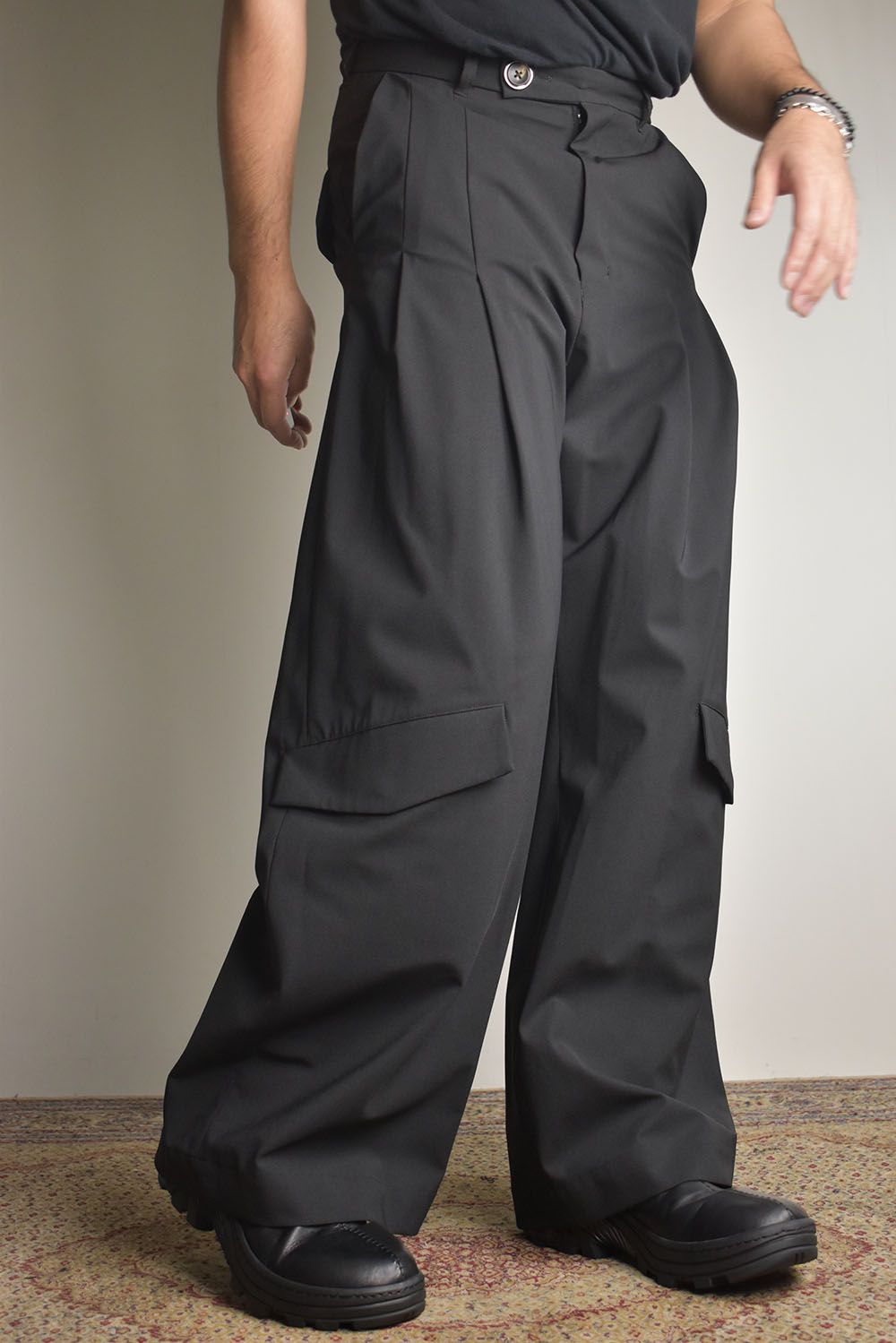 Shingle Flap Baggy Trousers "Black" / シンフラップバギートラウザー"ブラック"