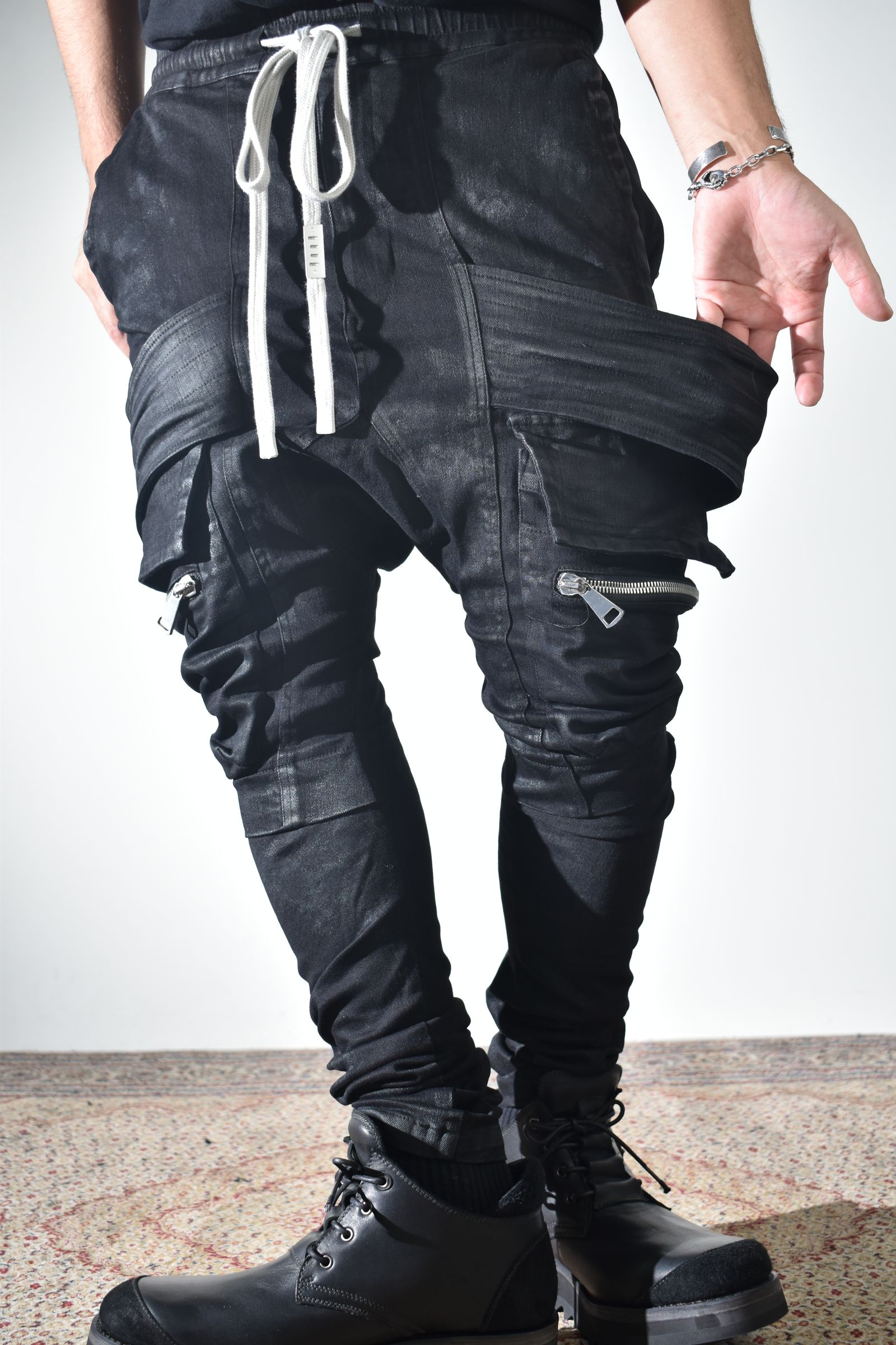 Strtch Denim Coatiing Cargo Sarouel Skinny"Black" / ストレッチデニムコーティングカーゴサルエルスキニー"ブラック"