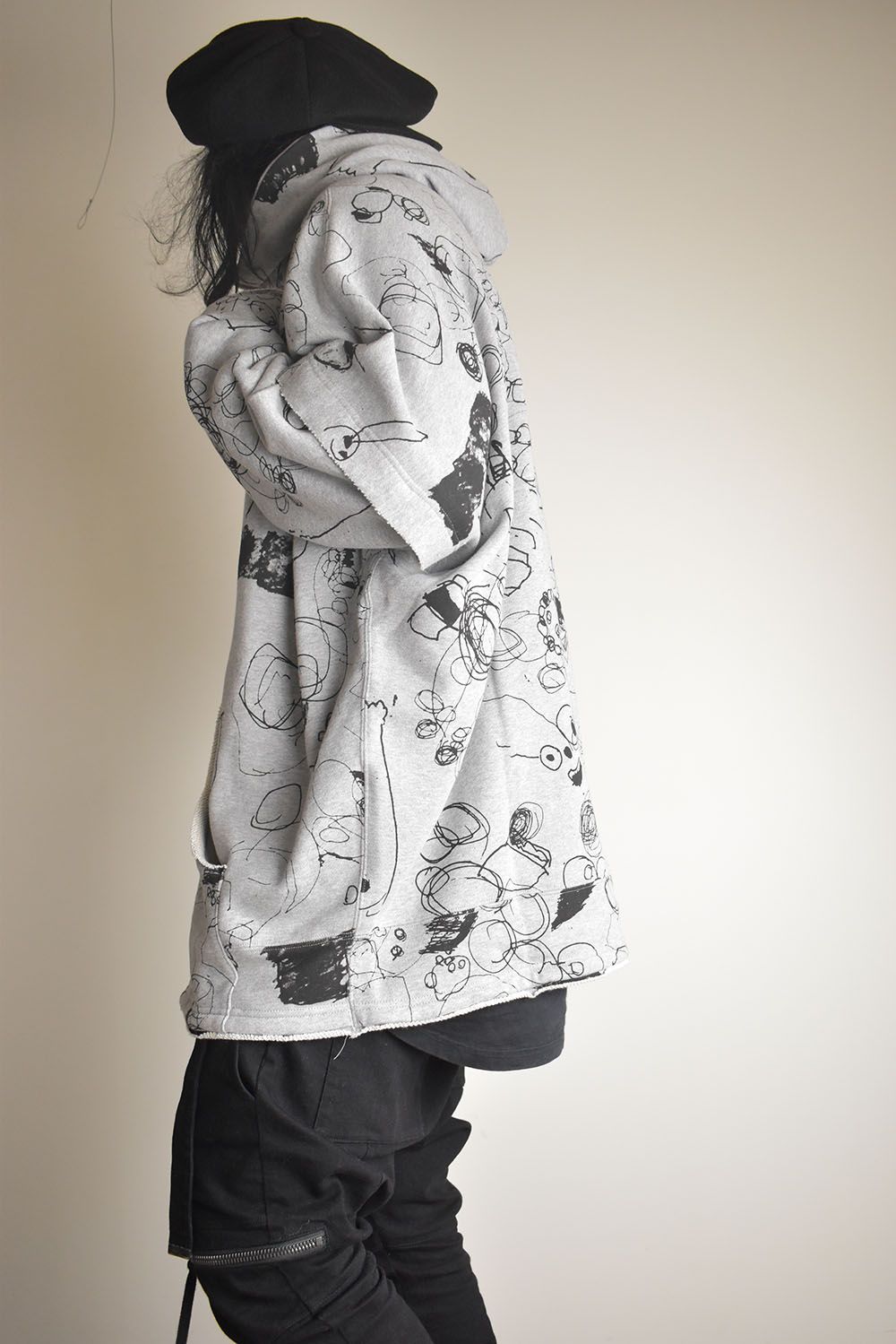 Sweat Oversize Print Zip Up Hoodie"Grey" / スウェットオーバーサイズプリントジップアップパーカ"グレー"