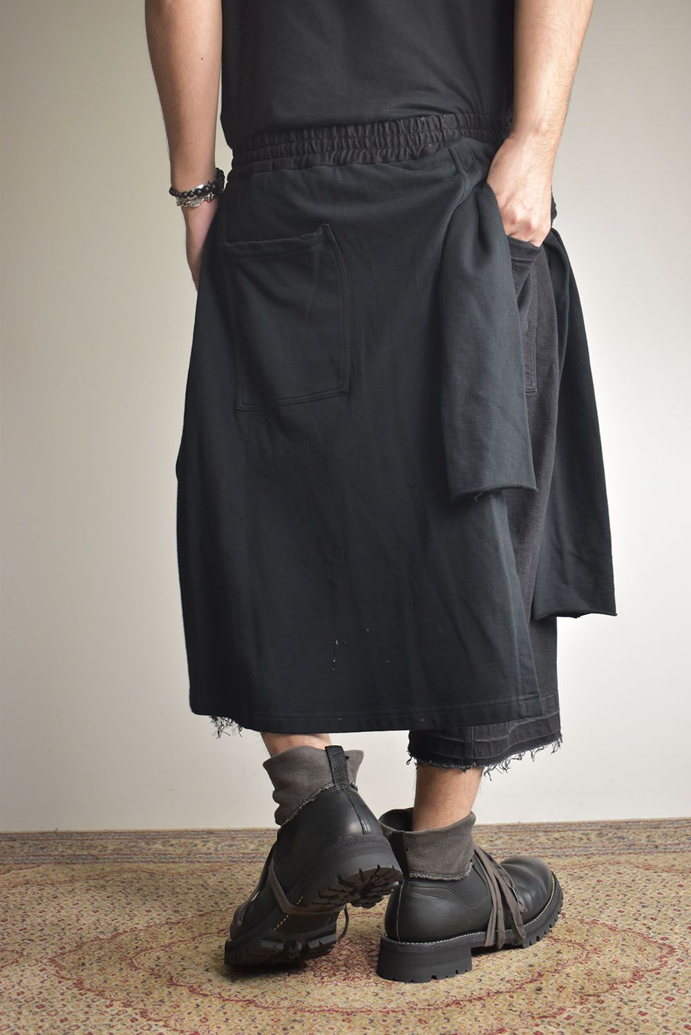 Stretch Denim Distressed Apron Wide Cropped Pants "Black" / ストレッチデニムダメージエプロンワイドクロップドパンツ"ブラック"