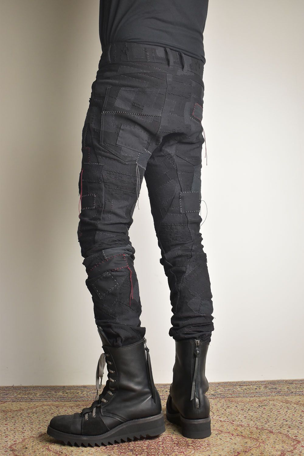 Hand Patchwork Crust Jacquard Overlock Twist Curve Pants "Black" / ハンドパッチワーククラストジャガードオーバーロックツイストカーブパンツ"ブラック"