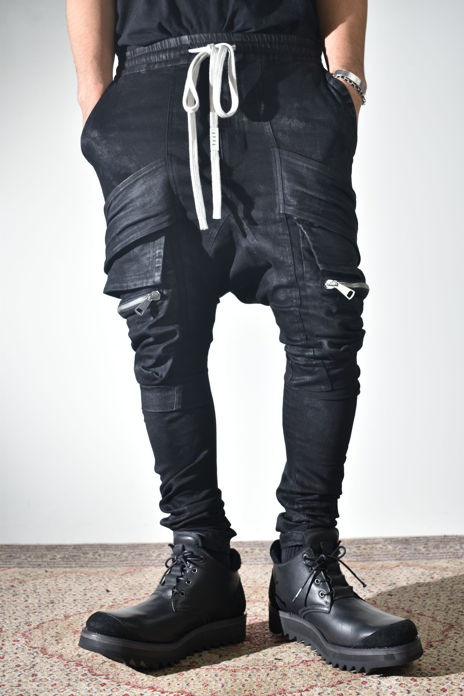 Strtch Denim Coatiing Cargo Sarouel Skinny"Black" / ストレッチデニムコーティングカーゴサルエルスキニー"ブラック"
