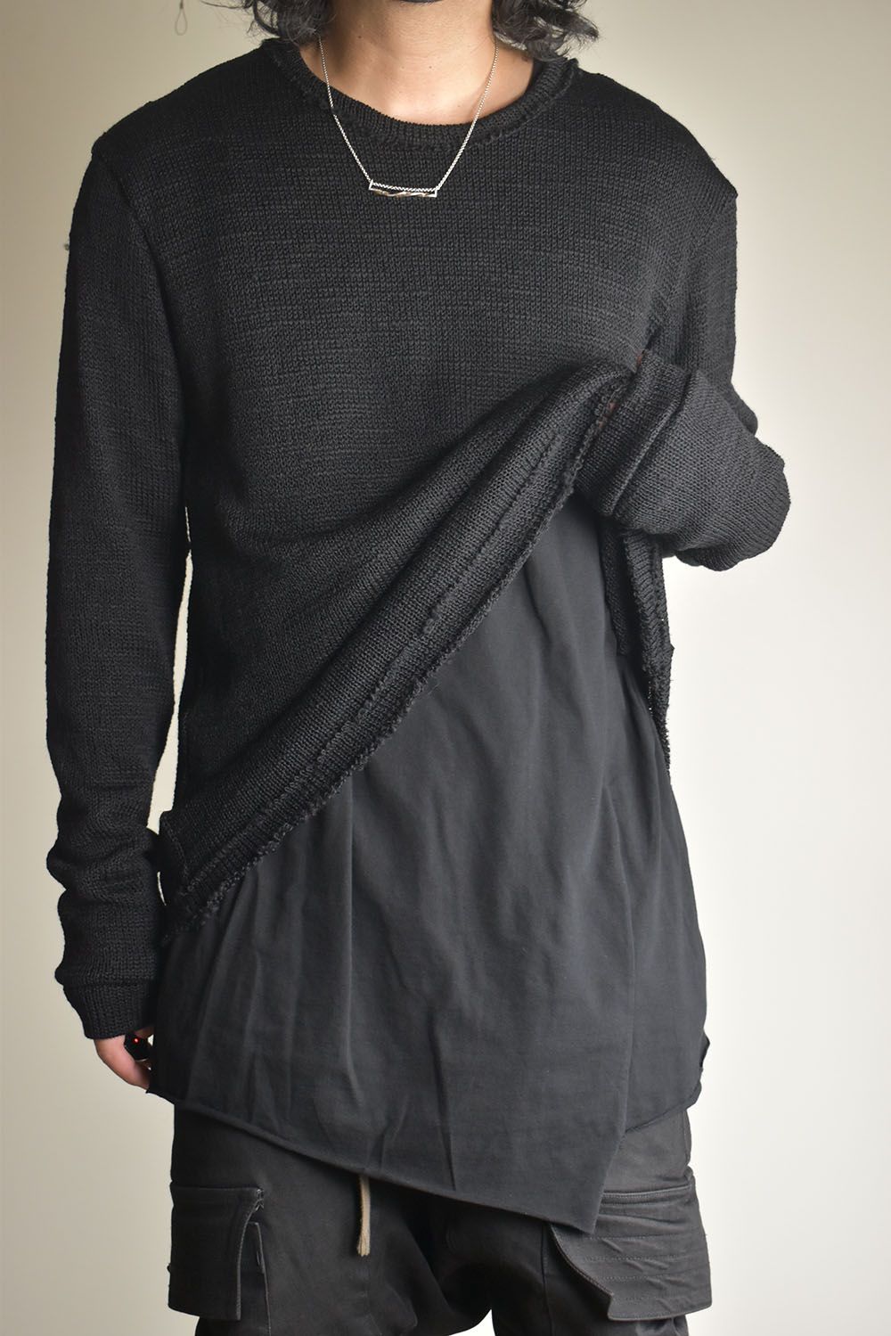 Low-Gauge knit × Cotton Jersey Layered Tee "Black" / ローゲージニット×コットンジャージレイヤードTシャツ"ブラック"