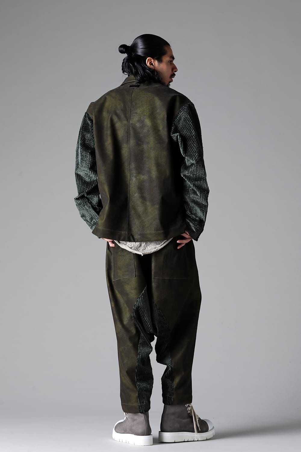 《2025AW先行予約》Synthetic Leather × Corduroy Switching Drop Clotch Pants"Black / Khaki" / シンセティックレザー×コーデュロイスウィッチングドロップクロッチパンツ"ブラック/カーキ"