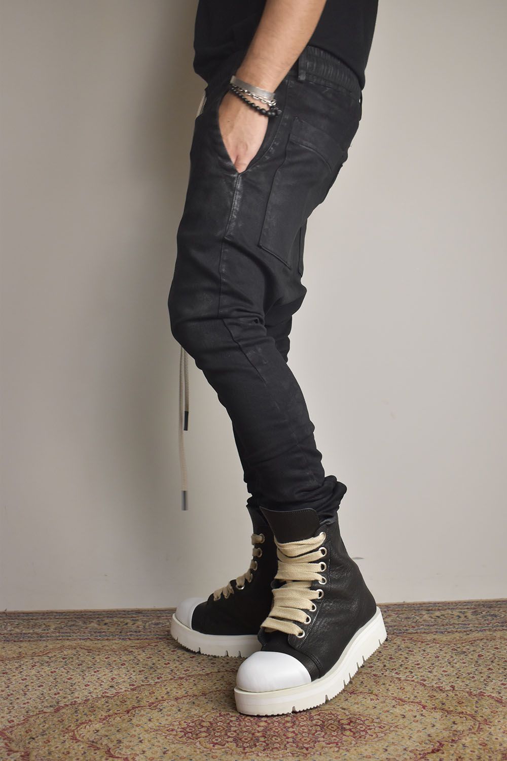 Coated Stretch denim Sarouel skinny"Black" / コーティングストレッチデニムサルエルスキニー"ブラック"