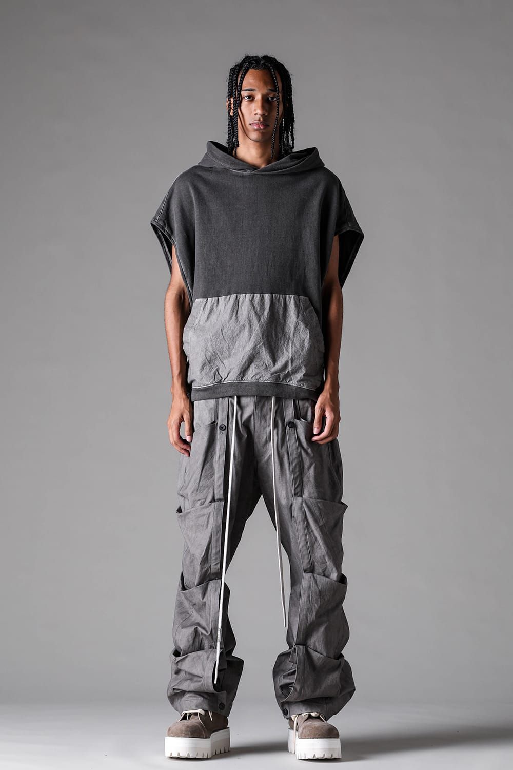 《2027SS先行予約》Sumi Dyed Lightweight French Terry Sleeve Less Hoodie "L.Grey  / D.Grey" / 墨染ミニ裏毛スリーブレスフーディ"ライトグレー / ダークグレー"