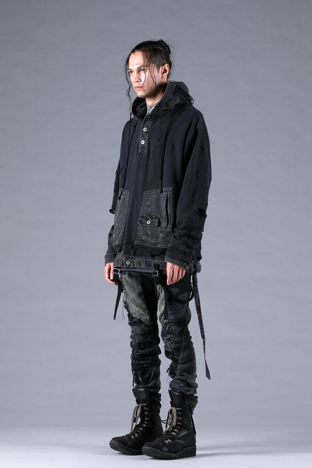 Denim Combination Non-Twisted Yarn Lined Oversized Pullover Hoodie"Black" / デニムコンビネーション無撚糸裏毛オーバーサイズプルオーバーフーディー"ブラック"